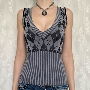 Preppy Y2K Office Grey Argyle Vest